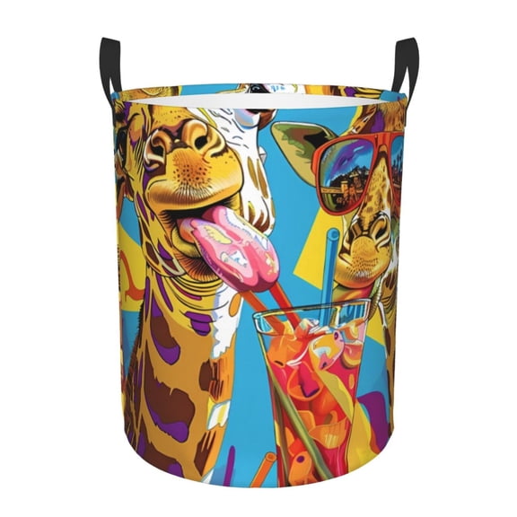 Honeii Colorful Giraffes with Drinks Print Laundry Hamper Basket,Baby Nursery Woven Storage Basket for Toys Bin,Pillows,Blankets,Clothes-Small