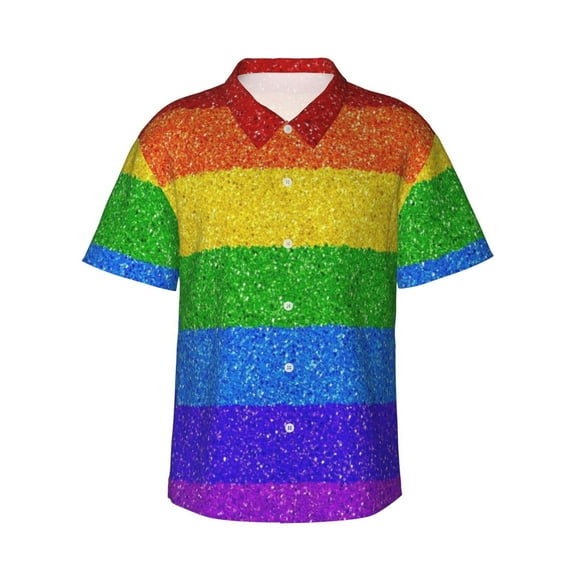 Honeii Colorful Glitter Rainbow Print Men’s Hawaiian Shirt,Classic Button-Down Short Sleeve Shirt, for Beach, Vacation, and Outdoor Activities,X-Large