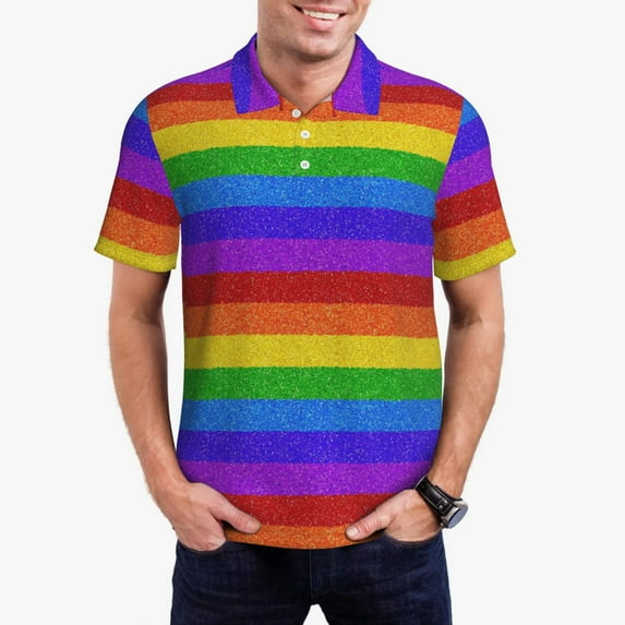 Honeii Colorful Glitter Rainbow print Polo Shirt, a classic short-sleeved, button-down golf shirt designed for menXX-Large