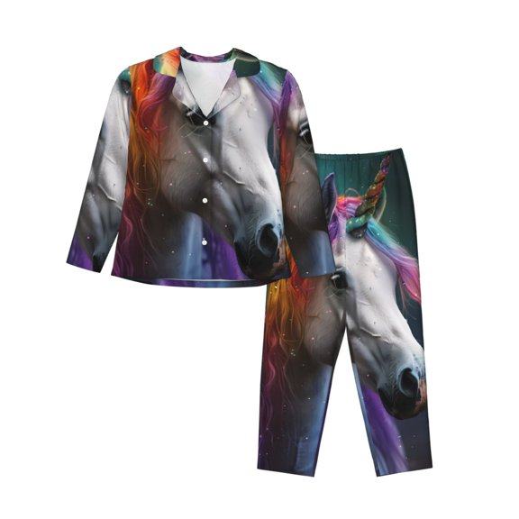 Honeii Colorful Haired White Horse print Women's Pajama Sets Long Sleeve Button Down Sleepwear Nightwear Soft Pjs Lounge Sets-X-Large