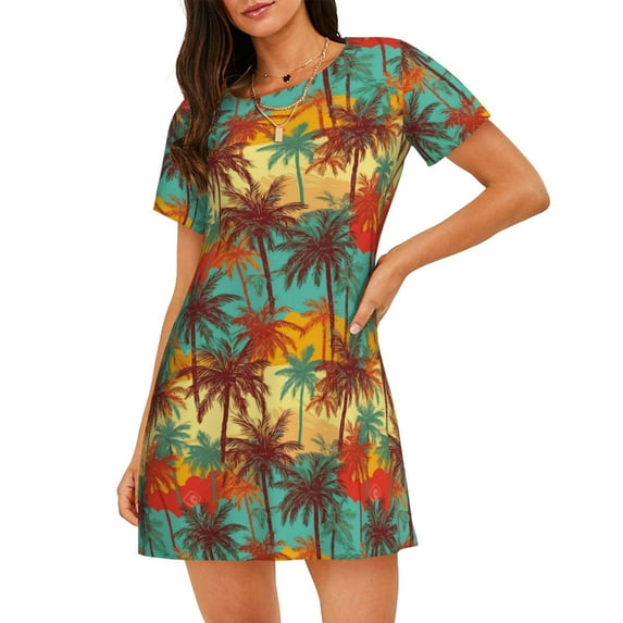 Honeii Colorful Hawaii Palms Print Women's Loose Short Sleeve Nightgown, Soft Cotton Sleepwear, Comfy Loose Fit Pajama Dress for Sleep and Lounge