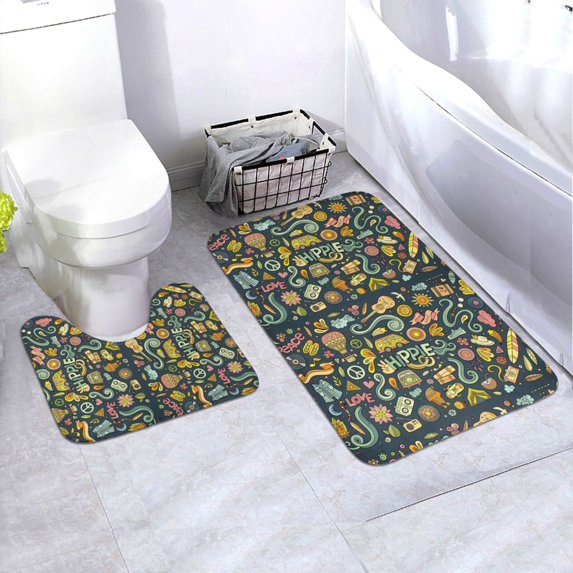 Honeii Colorful Hippie Pattern Bathroom Anti-Skid Pad Bathroom Mat Vintage Seamless Pattern Not-Slip Toilet Rug Set