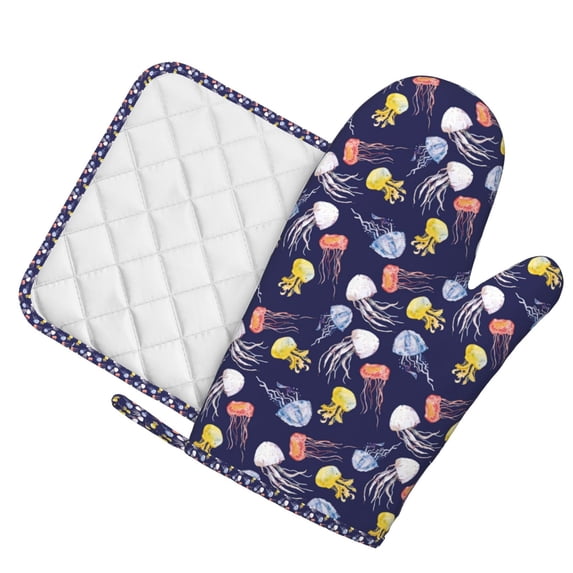 Honeii Colorful Jellyfish patten Oven Mitts and Pot Holders Sets, Baker Oven Mitts, Mittens for Kitchen Decor, Baking Lover over Gloves Gifts