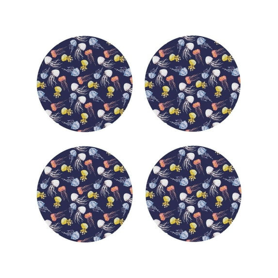 Honeii Colorful Jellyfish print Leather Coaster Set of 4, ideal for safeguarding your furniture from drinks spills and effortless cleanup-Round Shape