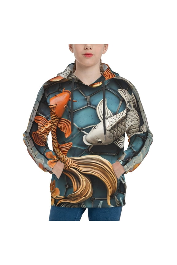 Colorful Koi Fish Art Pattern Long-Sleeve Hooded Sweatshirt Pullover Hoodie for Boys and Grils-Small