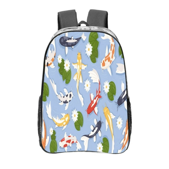Honeii Colorful Koi Fish Print Clear Backpack Heavy Duty Transparent Bag 17" See Through BookBag for Women Men Adults Work Festival Sports Travel