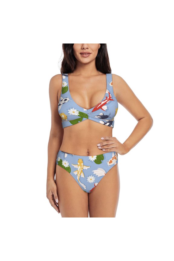 Colorful Koi Fish Print Women’s Bikini Set,Two Piece Swimsuit Bathing Suits,Stylish High Elasticity Swimwear for Beach and Pool