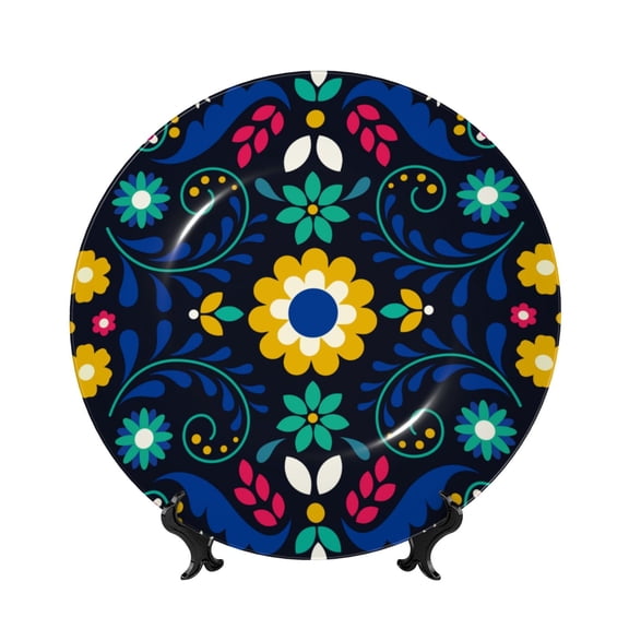 Honeii Colorful Mexican Flower Print Elegant Bone China Decorative Plate, Porcelain Plate,Art Crafts,Ceramic Ornaments for Home Office Wall Decor-6in