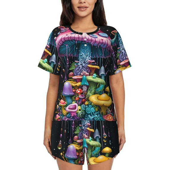 Honeii Colorful Mushroom for Women's Summer Pajama Set featuring Soft Short Sleeve Shirt & Matching Bottoms with Convenient Pockets for Relaxed Home Wear-X-Large