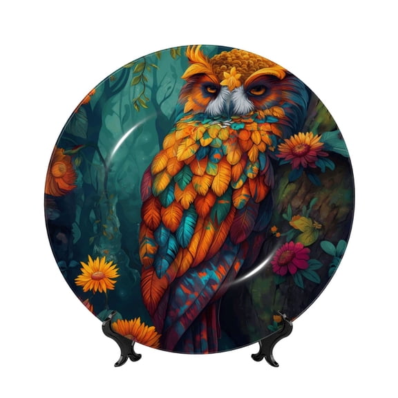 Honeii Colorful Owl Forest Print Elegant Bone China Decorative Plate, Porcelain Plate,Art Crafts,Ceramic Ornaments for Home Office Wall Decor-7in