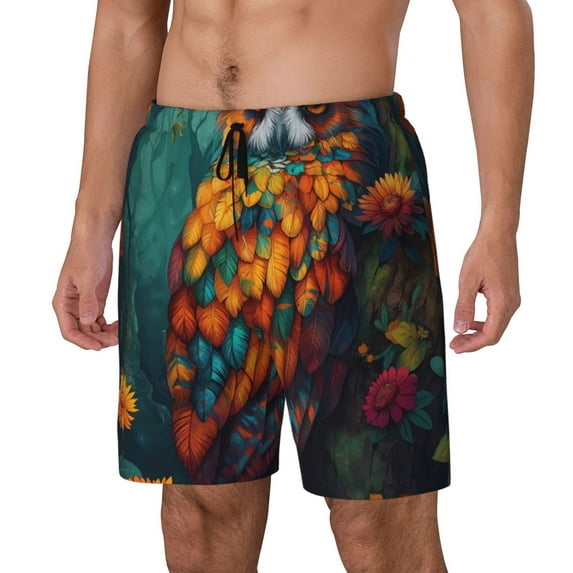 Honeii Colorful Owl Forest Print Men's Swim Shorts,Mens Swim Trunks,Breathable Mesh Beach Shorts for Swimming,Surfing, and Beach Activities-XX-Large