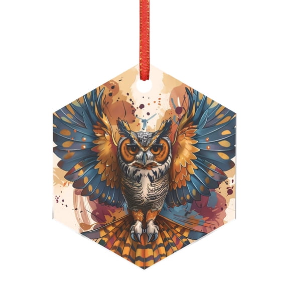 Honeii Colorful Owl Tattoo Art Print Christmas Tree Acrylic Ornament | Christmas Decoration, Living Room Bedroom Garden Seasonal Decor for Christmas Tree-Hexagon