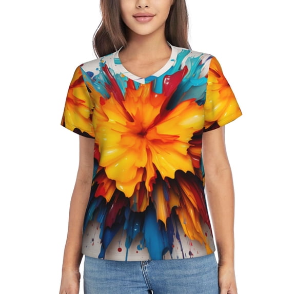 Honeii Colorful Paint Print Print Women's Classic V-Neck T-Shirt,Womens Fashion Tops,Stylish Everyday Top for Women, Casual Summer Spring Outfits Clothes-X-Large