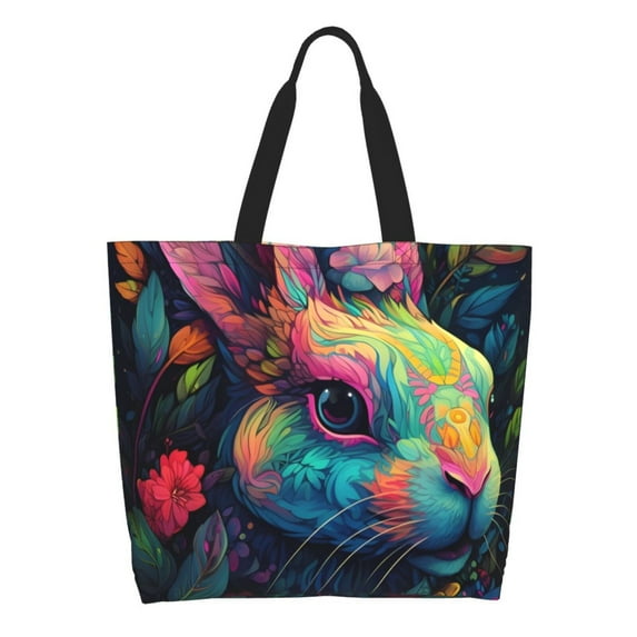 Honeii Colorful Patterned Rabbit Print Tote Bag for Women, Foldable Tote Bag Large Shoulder Bag Top Handle Handbag for Travel, Work