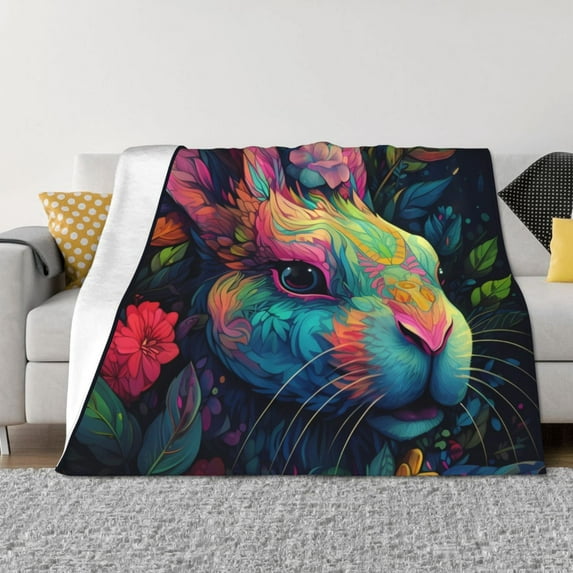 Honeii Colorful Patterned Rabbit print throw blanket, crafted from cozy cotton flannel, offers versatile home decor as a bedding suitable for all seasons.-