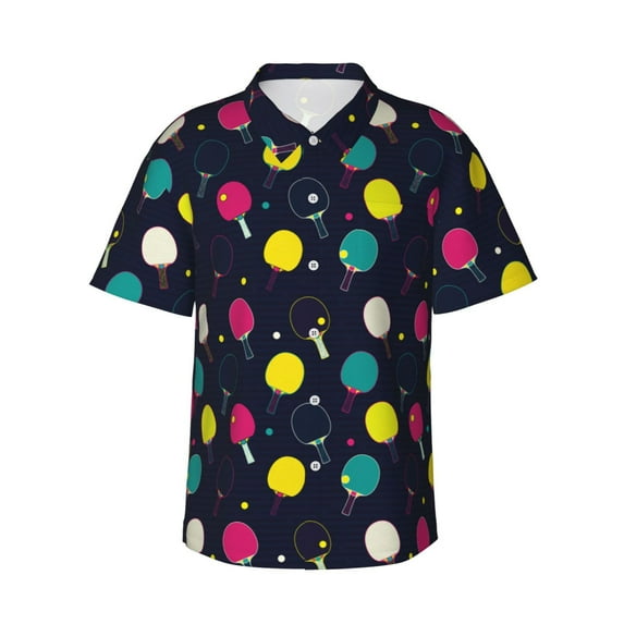 Honeii Colorful Ping Pong Rackets Print Men’s Hawaiian Shirt,Classic Button-Down Short Sleeve Shirt, for Beach, Vacation, and Outdoor Activities,Large