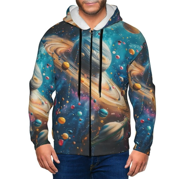 Honeii Colorful Planet Universe Print Hoodies for Men, Pullover & Full Zip, Breathable Zip up Hoodie, Sweatshirt-3X-Large