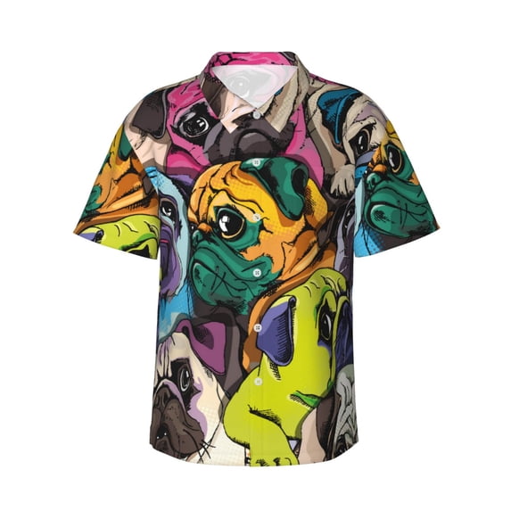 Honeii Colorful Pug Print Men’s Hawaiian Shirt,Classic Button-Down Short Sleeve Shirt, for Beach, Vacation, and Outdoor Activities,Large