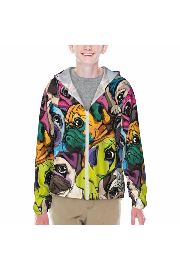 Colorful Pug Print Sun Protection Jacket Hooded Cooling Shirt with Pockets Hiking Outdoor Performance-