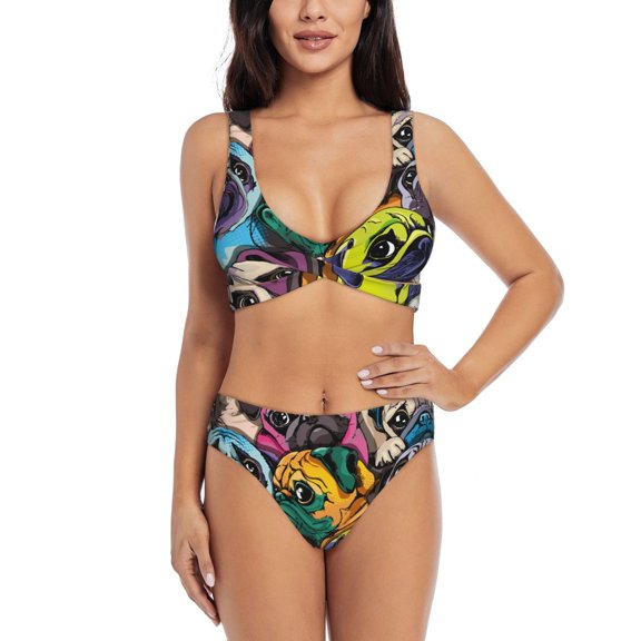 Honeii Colorful Pug Print Women’s Bikini Set,Two Piece Swimsuit Bathing Suits,Stylish High Elasticity Swimwear for Beach and Pool