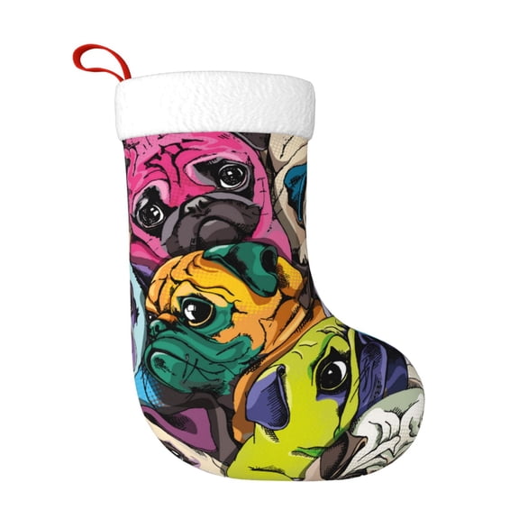 Honeii Colorful Pug for Christmas Stocking,Large Xmas Stocking,Holiday and Family Stocking for Fireplace Christmas Holiday Party Decoration