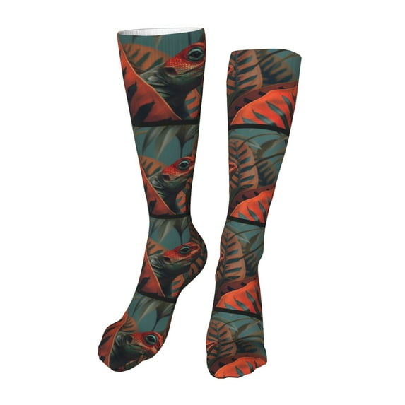 Honeii Colorful Reptile And Leaves Print Calf Socks Sports Socks Seamless Toe, Trouser Socks,Knee High Long Socks for Women and Men-One Size
