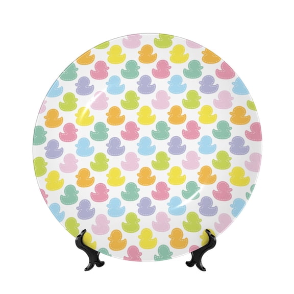 Honeii Colorful Rubber Duck Print Elegant Bone China Decorative Plate, Porcelain Plate,Art Crafts,Ceramic Ornaments for Home Office Wall Decor-7in