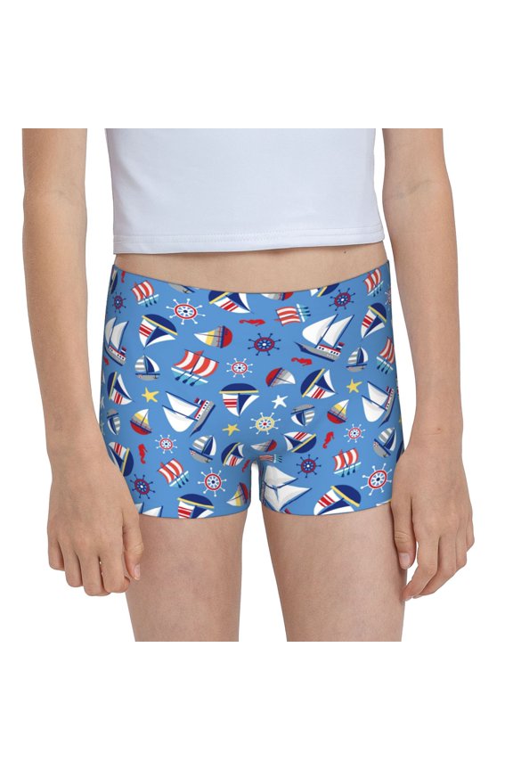 Colorful Sailing Ship Print 100% Cotton Boxer Briefs, Girls' Panties,Girls' Short,Soft Underwear,Girls' Underpant-X-Small