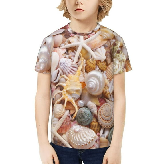 Honeii Colorful Seashells Print Kids Boy T-Shirt,Breathable Round Neck Tee,Stylish Summer Tee for Boys, for Outdoor Activities and Casual Wear
