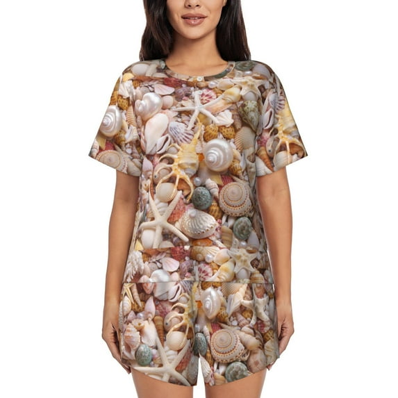 Honeii Colorful Seashells for Women's Summer Pajama Set featuring Soft Short Sleeve Shirt & Matching Bottoms with Convenient Pockets for Relaxed Home Wear-Small