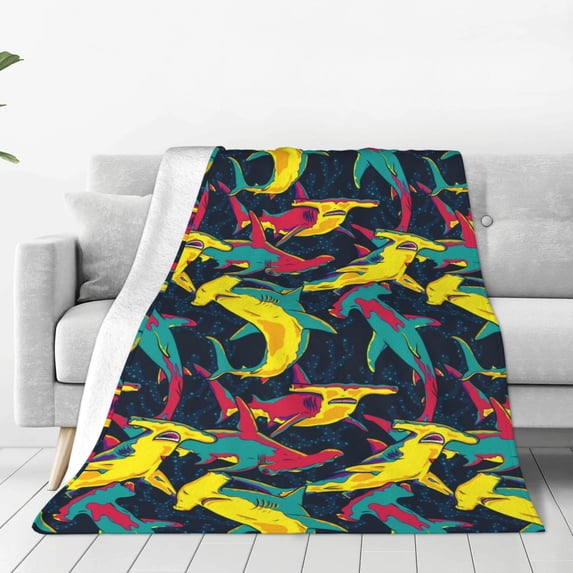 Honeii Colorful Sharks Print Fleece Blanket - Throw Blanket for Bed, Sofa, Couch, Camping, and Travel , Microplush Ultra Soft Warm Blanket-60"x50"