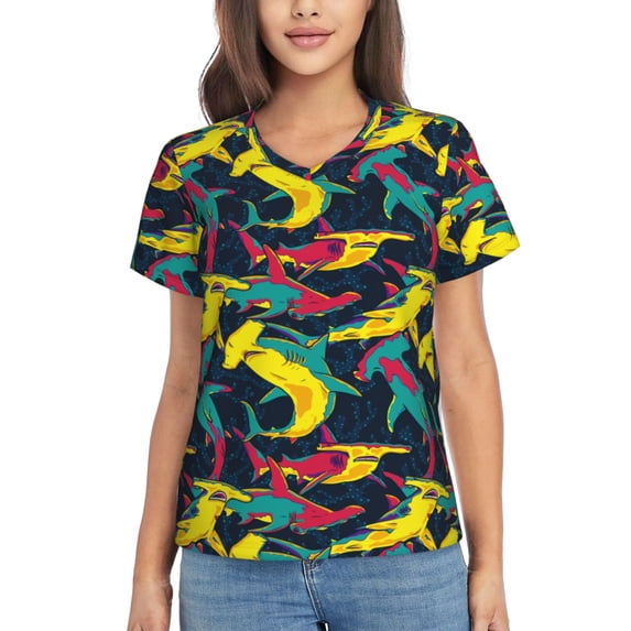 Honeii Colorful Sharks Print Women's Classic V-Neck T-Shirt,Womens Fashion Tops,Stylish Everyday Top for Women, Casual Summer Spring Outfits Clothes-Small