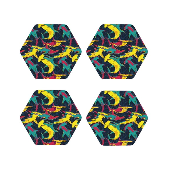 Honeii Colorful Sharks print Leather Coaster Set of 4, ideal for safeguarding your furniture from drinks spills and effortless cleanup-Hexagon