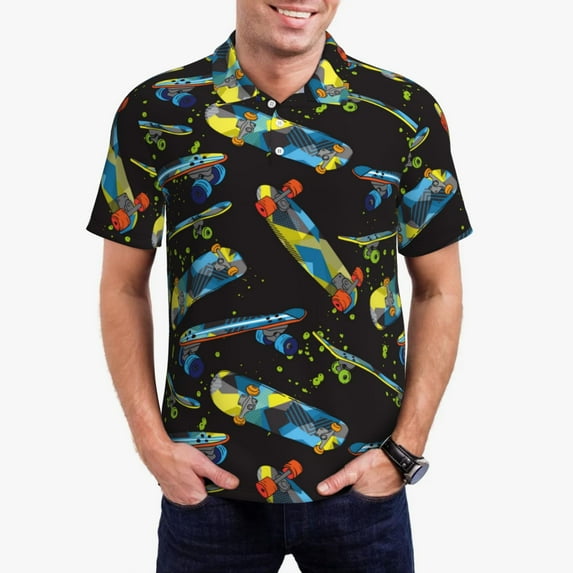 Honeii Colorful Skateboard print Polo Shirt, a classic short-sleeved, button-down golf shirt designed for menSmall