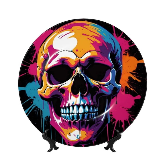 Honeii Colorful Skull Print Elegant Bone China Decorative Plate, Porcelain Plate,Art Crafts,Ceramic Ornaments for Home Office Wall Decor-10in