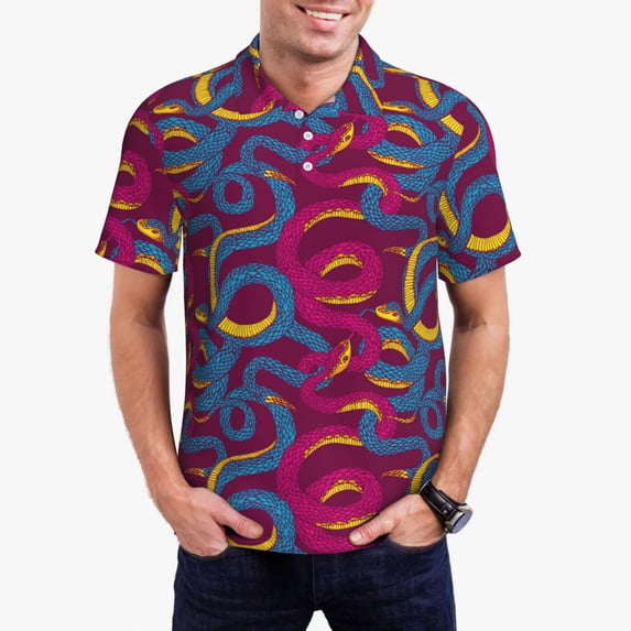 Honeii Colorful Snake print Polo Shirt, a classic short-sleeved, button-down golf shirt designed for menX-Large