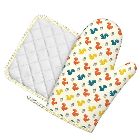 Honeii Colorful Squirrel patten Oven Mitts and Pot Holders Sets, Baker Oven Mitts, Mittens for Kitchen Decor, Baking Lover over Gloves Gifts