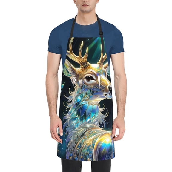 Honeii Colorful Stained Glass Deer Print Waterproof Apron, Adjustable Kitchen Apron with Pockets,for Gardening, Dishwashing, Meat Processing, Car Washing, and Pet Grooming