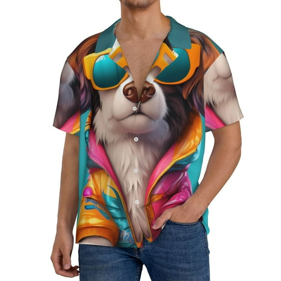 Honeii Colorful Sunglasses Dog for Men's Short-Sleeved Button-Up Collared Shirt Featuring A Pocket, Perfect for Beach Vacations, And Travel Adventures.-3X-Large