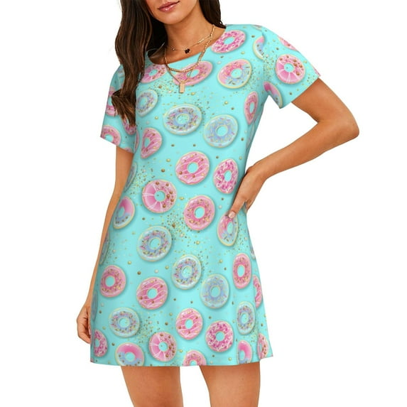 Honeii Colorful Sweet Donuts Print Women's Loose Short Sleeve Nightgown, Soft Cotton Sleepwear, Comfy Loose Fit Pajama Dress for Sleep and Lounge