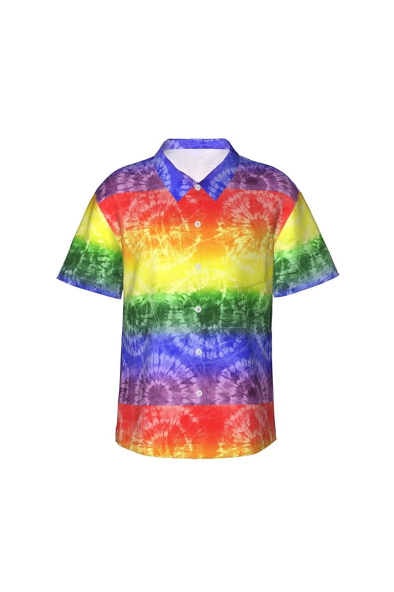 Colorful Tie Dye Print Men’s Hawaiian Shirt,Classic Button-Down Short Sleeve Shirt, for Beach, Vacation, and Outdoor Activities,X-Large