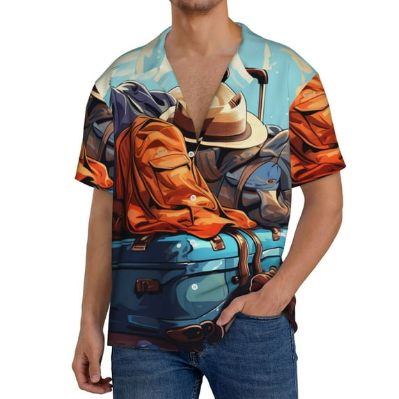 Honeii Colorful Travel Luggage Gear for Men's Short-Sleeved Button-Up Collared Shirt Featuring A Pocket, Perfect for Beach Vacations, And Travel Adventures.-