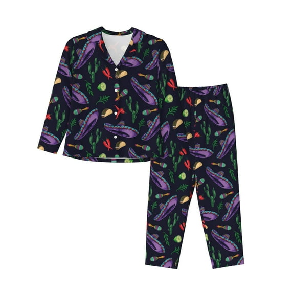 Honeii Colorful Vintage Cactuses print Women's Pajama Sets Long Sleeve Button Down Sleepwear Nightwear Soft Pjs Lounge Sets-Large