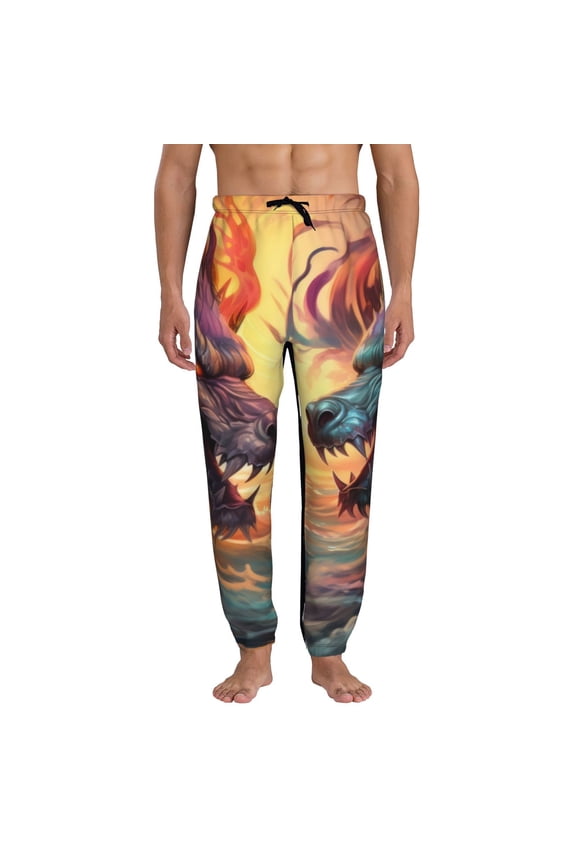 Colorful Wave Dragon Head Print Mens Jogger Sweatpants, Men's Lounge Pants with Pockets-Small
