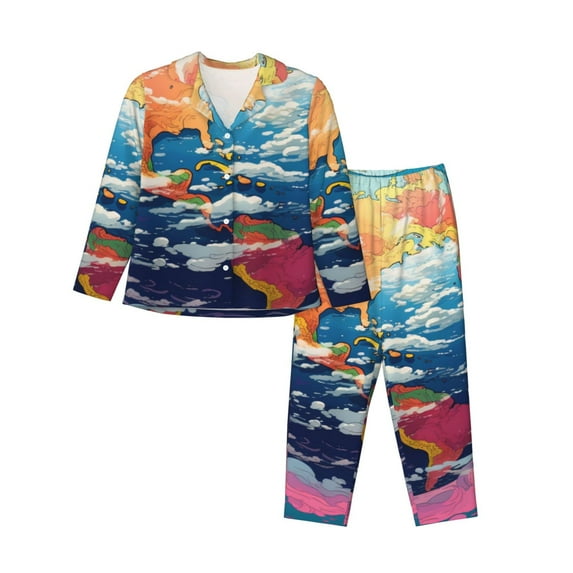 Honeii Colorful Whimsical Earth Print Women's Pajama Sets Long Sleeve Button Down Sleepwear Nightwear Soft Pjs Lounge Sets 2PCS-Medium