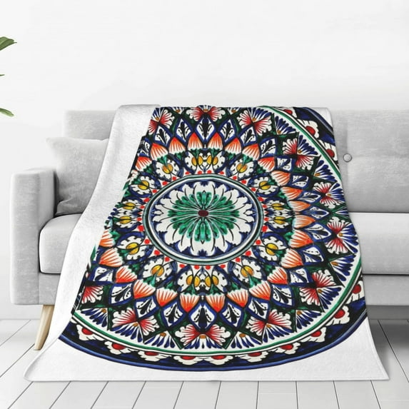Honeii Colorful With Blue Oriental Print Fleece Blanket - Throw Blanket for Bed, Sofa, Couch, Camping, and Travel , Microplush Ultra Soft Warm Blanket-60"x50"