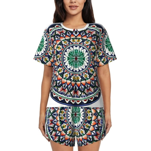 Honeii Colorful With Blue Oriental for Women's Summer Pajama Set ,Soft Short Sleeve Shirt & Matching Bottoms,Loungewear,2PCS Sleepwear Relaxed Home Wear-X-Large