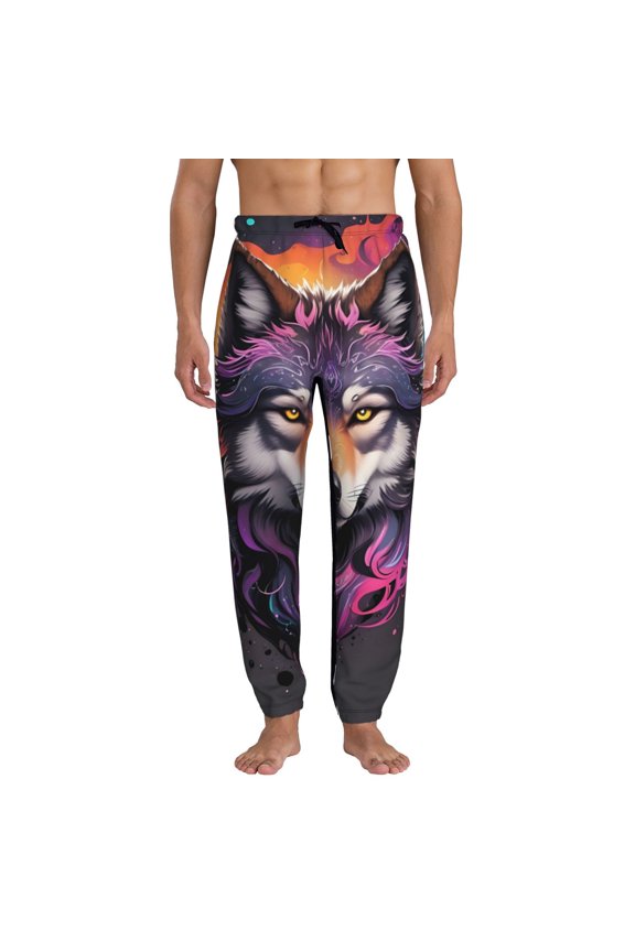 Colorful Wolf Head A Print Mens Jogger Sweatpants, Men's Lounge Pants with Pockets-Small
