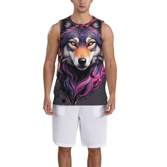 Honeii Colorful Wolf Head A print basktball shirt for men and women, Unisex basketball jersey for Theme party-Medium