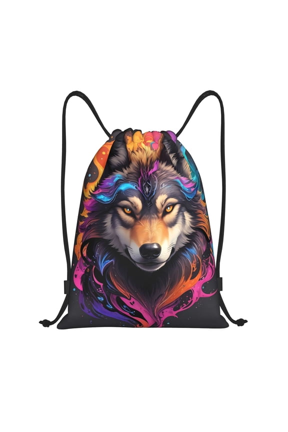 Colorful Wolf Head Print Drawstring Backpack,Drawstring Bags String Backpack Gym Cinch Sack Backpack Sport Bag Draw-Medium